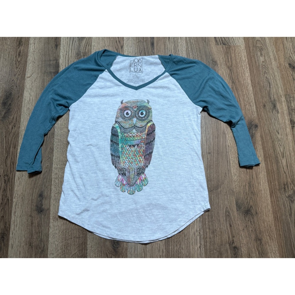 Modern Lux Shirt Women Size S Gray Raglan 3/4 Sleeve V-Neck Owl Graphic